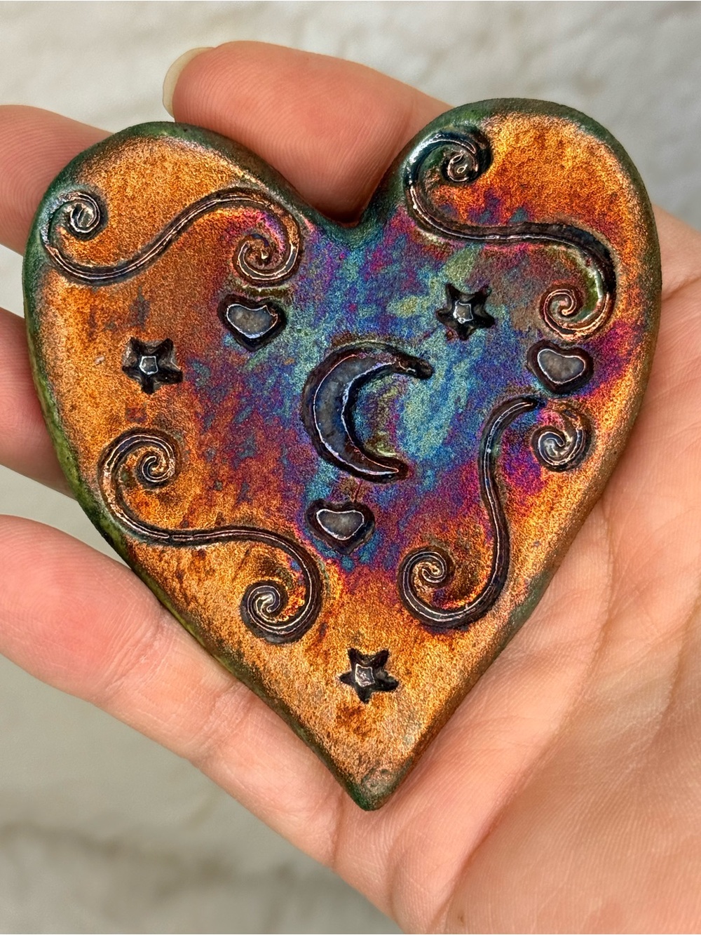 J. Dill Raku Signed Blessed Heart Crescent Moon Glazed Stone Heart Art